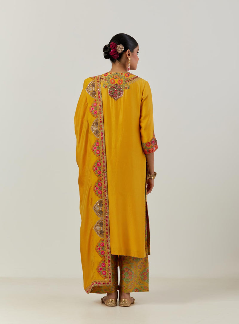 Mustard Phoolwari Kurta With Dupatta And Pant