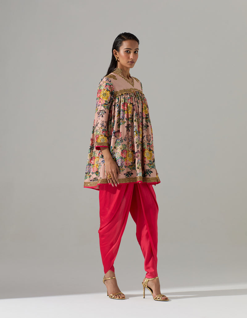 Blush Pink Gathered Short Kurta with Dhoti Pants