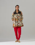 Short Printed Ivory Gathered Kurta with Red Tulip Pants