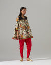 Short Printed Ivory Gathered Kurta with Red Tulip Pants