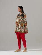 Short Printed Ivory Gathered Kurta with Red Tulip Pants