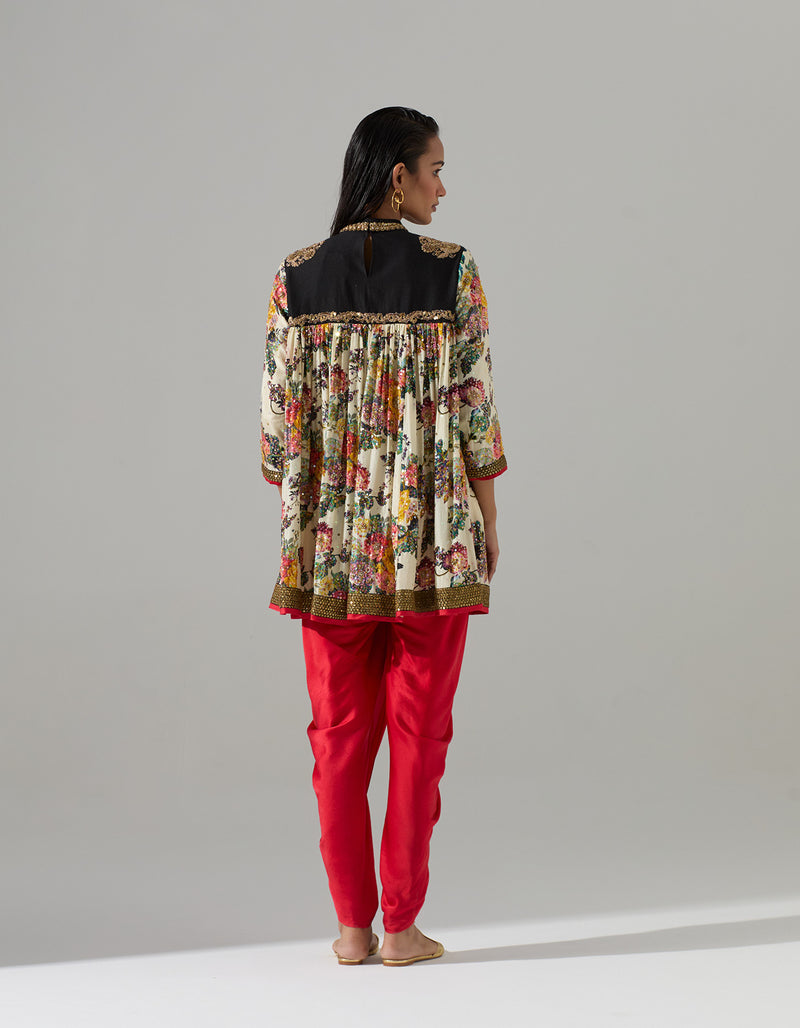 Short Printed Ivory Gathered Kurta with Red Tulip Pants