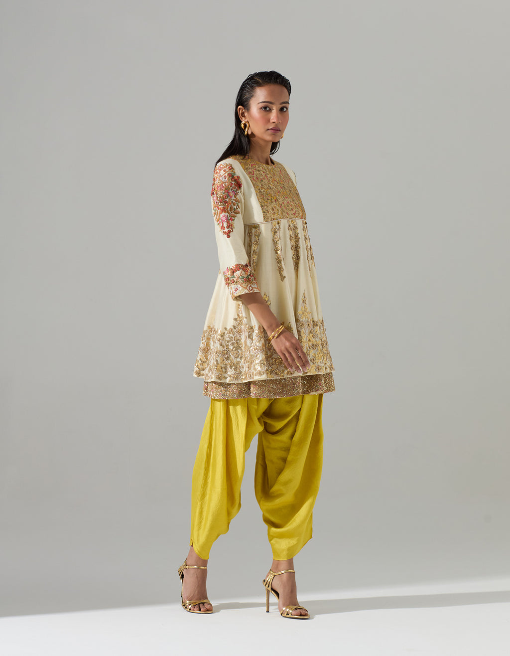 Ivory Short Kurta with Yellow Dhoti Pants