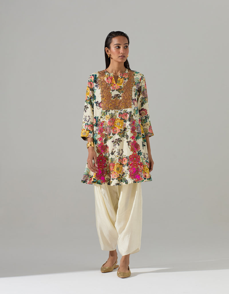 Ivory Printed Short Kurta with Dhoti Pants