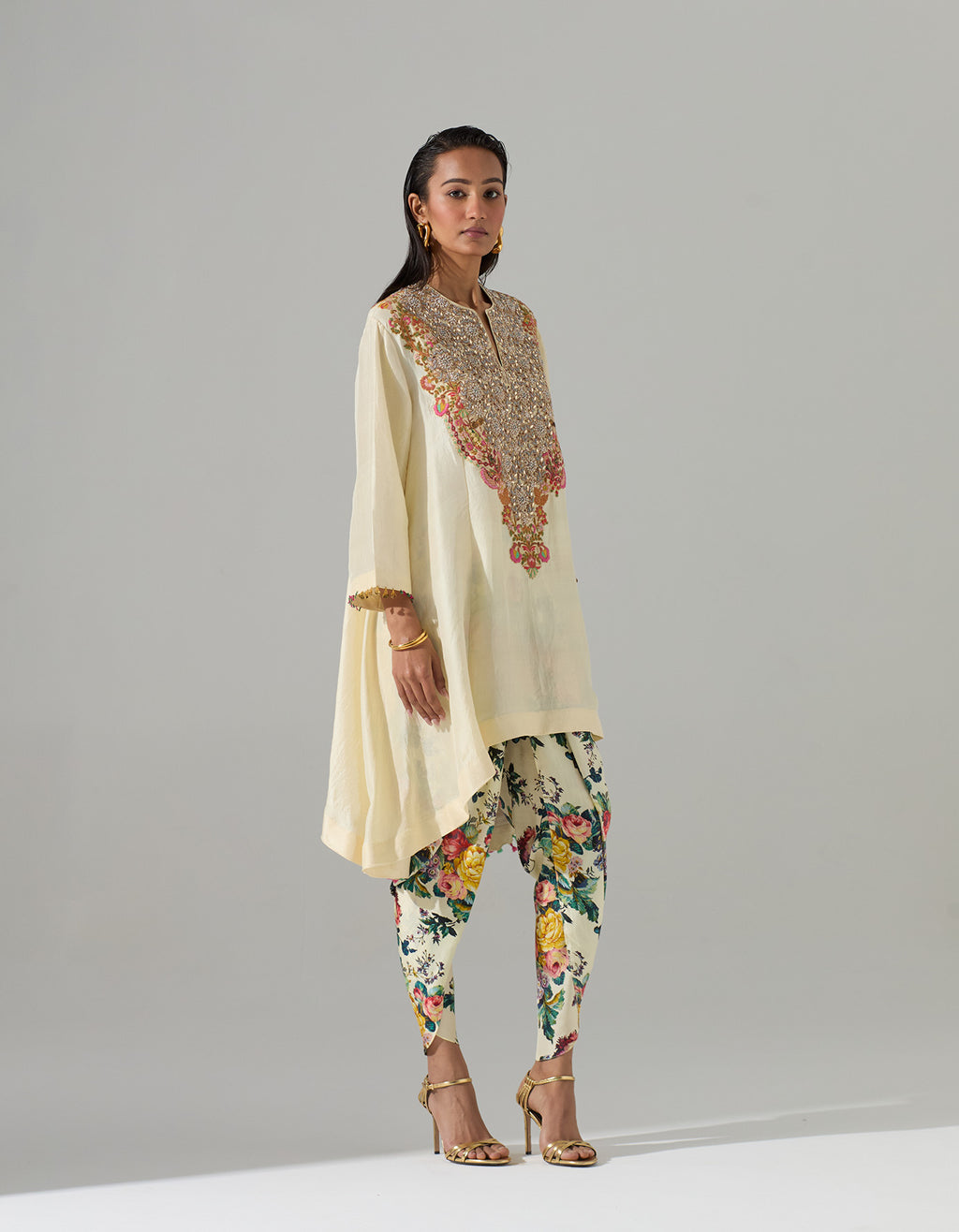 Ivory Yoke Embroidered Tunic with Printed Tulip Pants