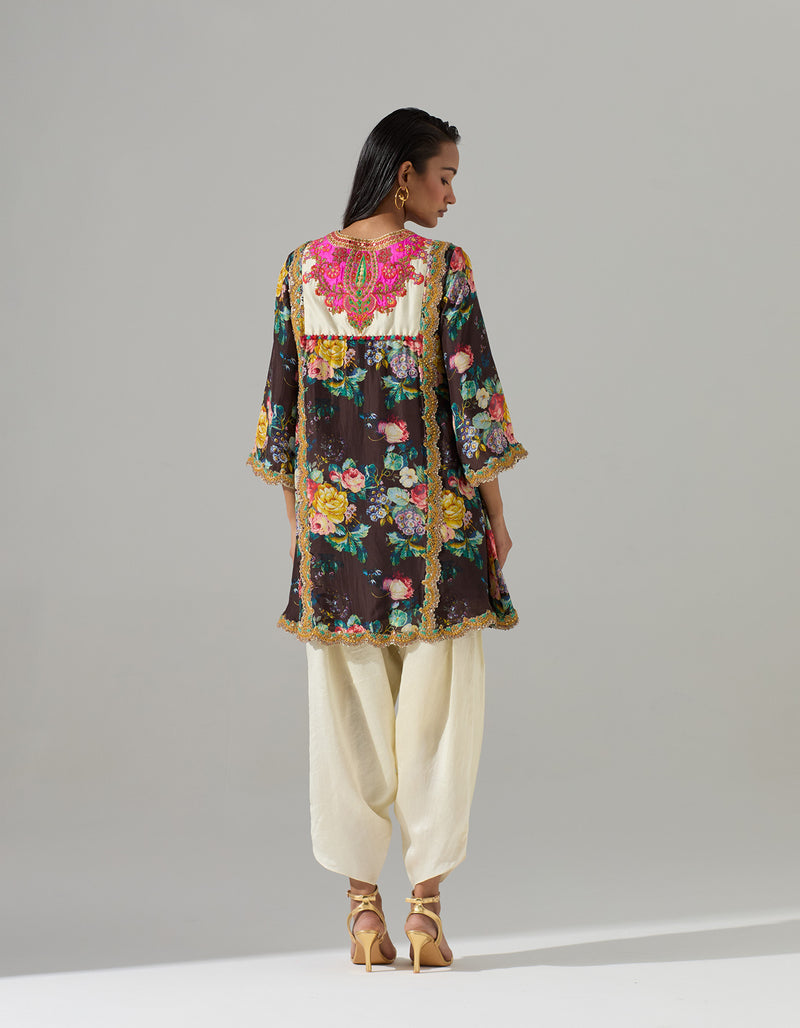 Black Short Gathered Kurta with Dhoti Pants