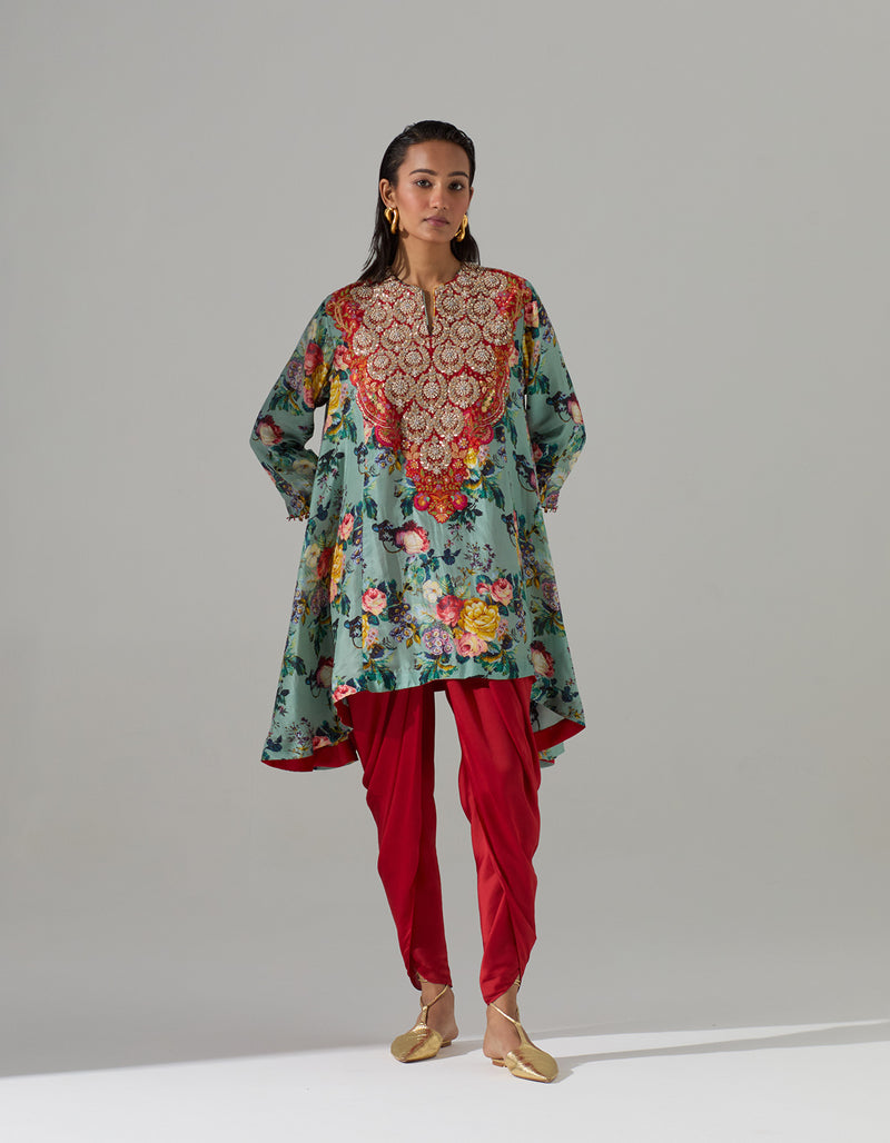 Pale Blue Printed Short Tunic with Red Tulip Pants