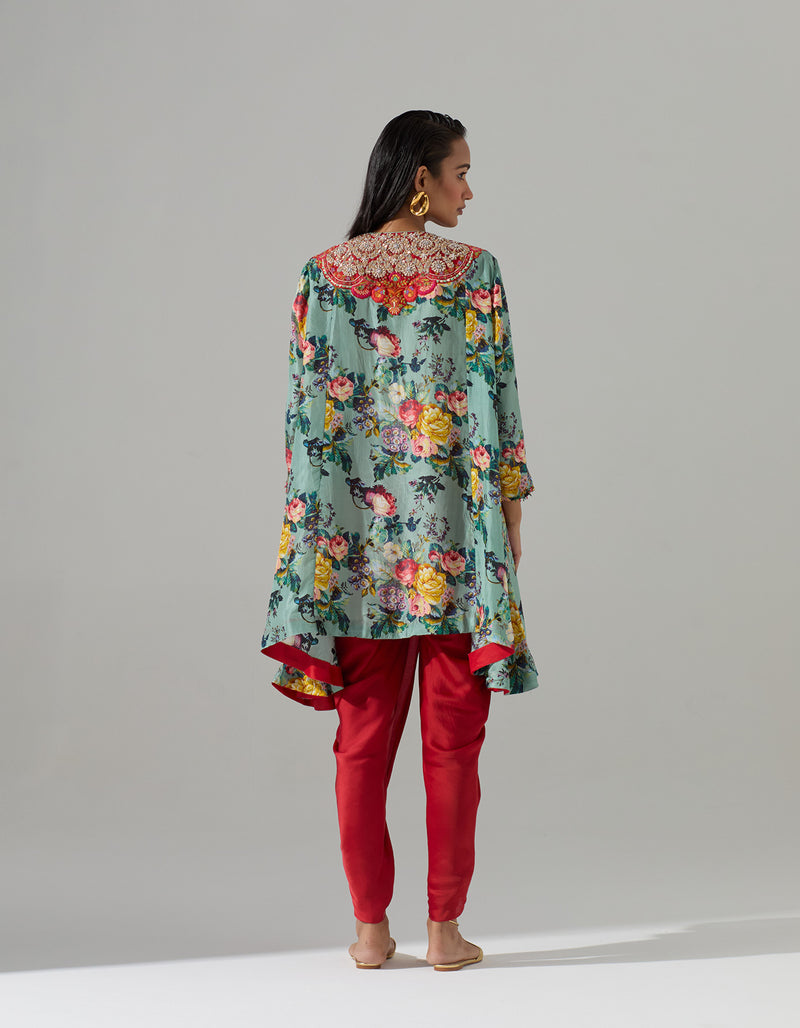 Pale Blue Printed Short Tunic with Red Tulip Pants
