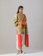 Pista Green Chanderi Short Kurta set with a Patched Dupatta