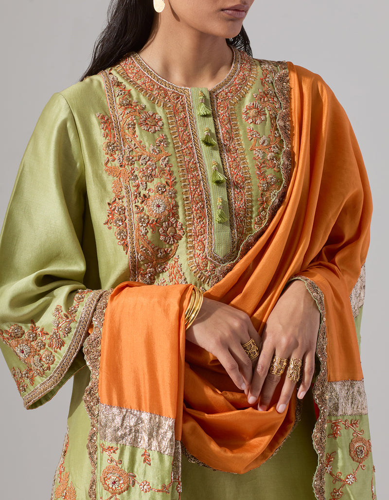 Pista Green Chanderi Short Kurta set with a Patched Dupatta