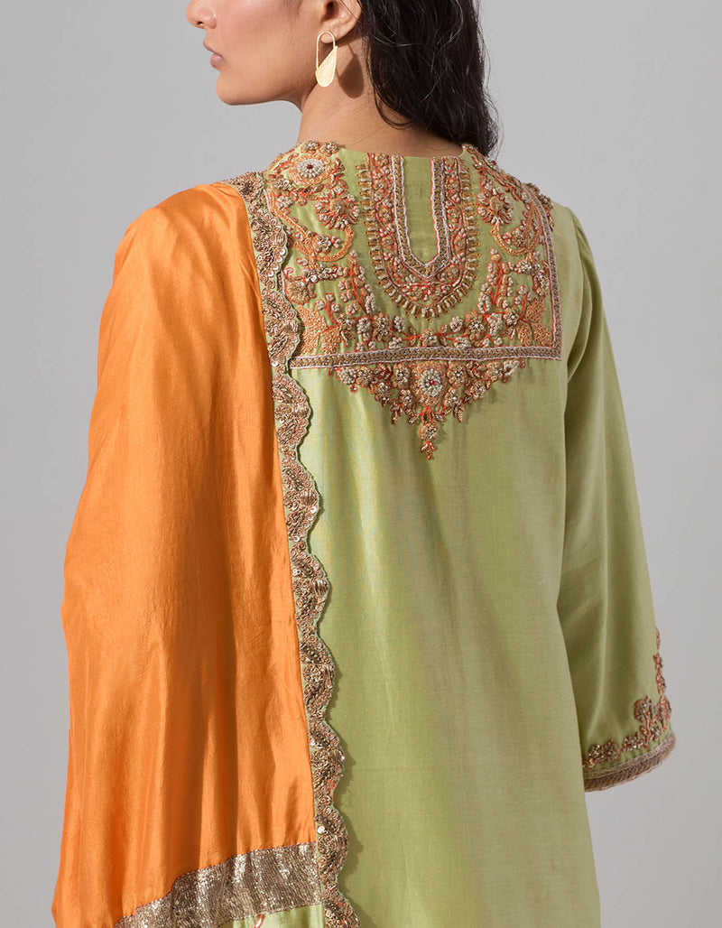 Pista Green Chanderi Short Kurta set with a Patched Dupatta