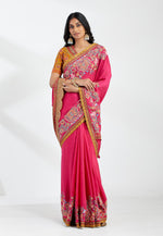 Pink Saree With Yellow Blouse In Silk