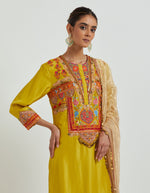 Mustard Kurta Set with Yoke Embroidery Paired with a Crinkled Tissue Dupatta