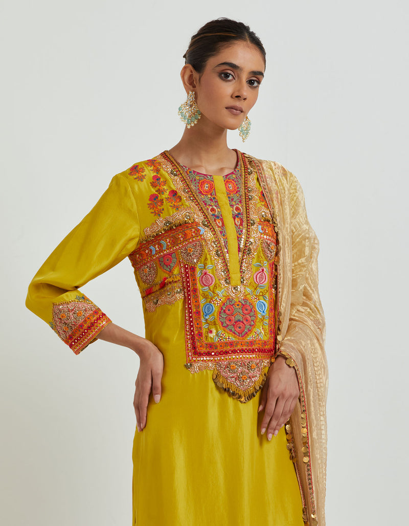 Mustard Kurta Set with Yoke Embroidery Paired with a Crinkled Tissue Dupatta