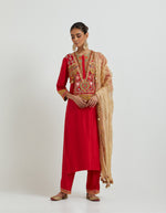 Red Kurta Set with Yoke Embroidery Paired with a Crinkled Tissue Dupatta