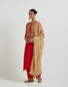 Red Kurta Set with Yoke Embroidery Paired with a Crinkled Tissue Dupatta