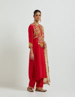 Red Kurta Set with Yoke Embroidery Paired with a Crinkled Tissue Dupatta