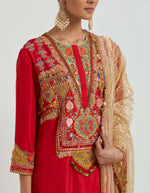 Red Kurta Set with Yoke Embroidery Paired with a Crinkled Tissue Dupatta