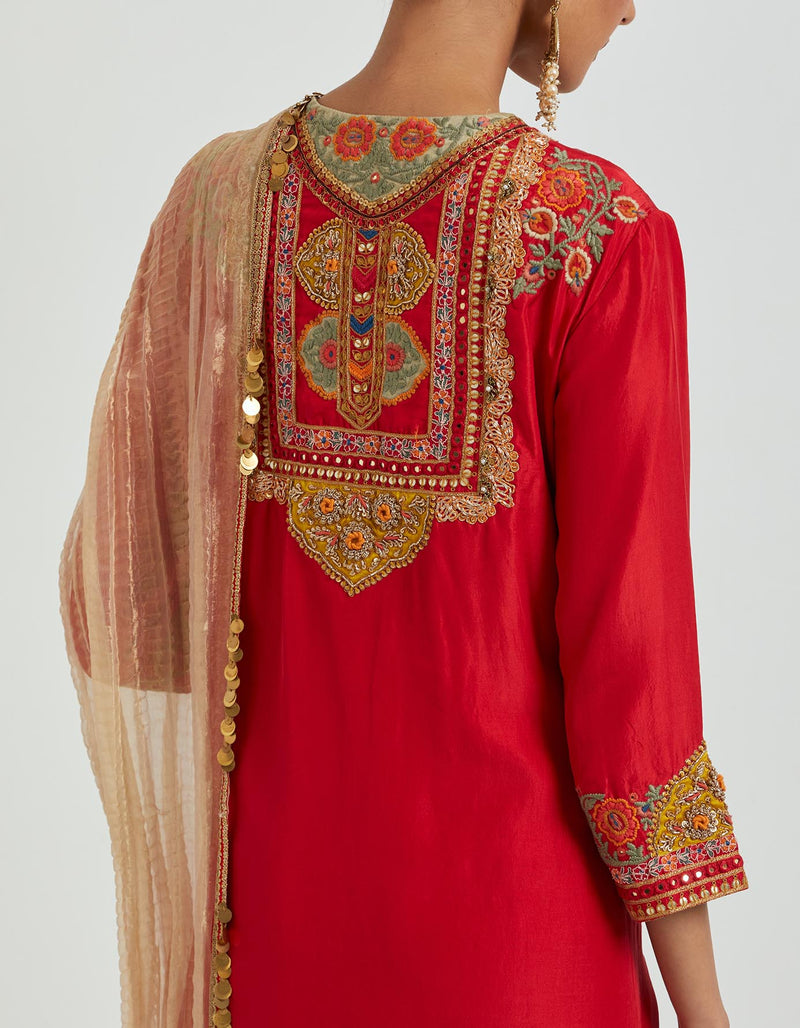 Red Kurta Set with Yoke Embroidery Paired with a Crinkled Tissue Dupatta