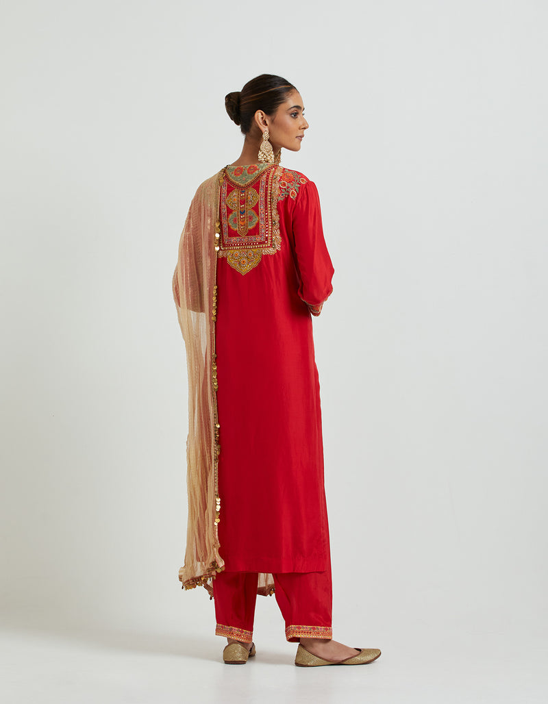 Red Kurta Set with Yoke Embroidery Paired with a Crinkled Tissue Dupatta