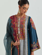 Blue Ivory Line Drawing Embroidered Choga Set