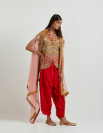 Ivory Jacket with a Red Dhoti and Cape Set