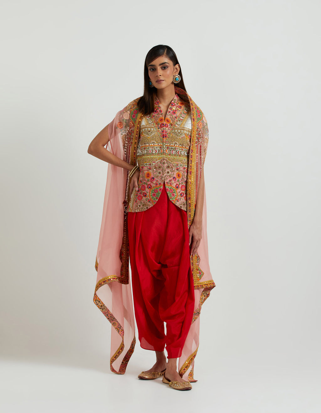 Ivory Jacket with a Red Dhoti and Cape Set