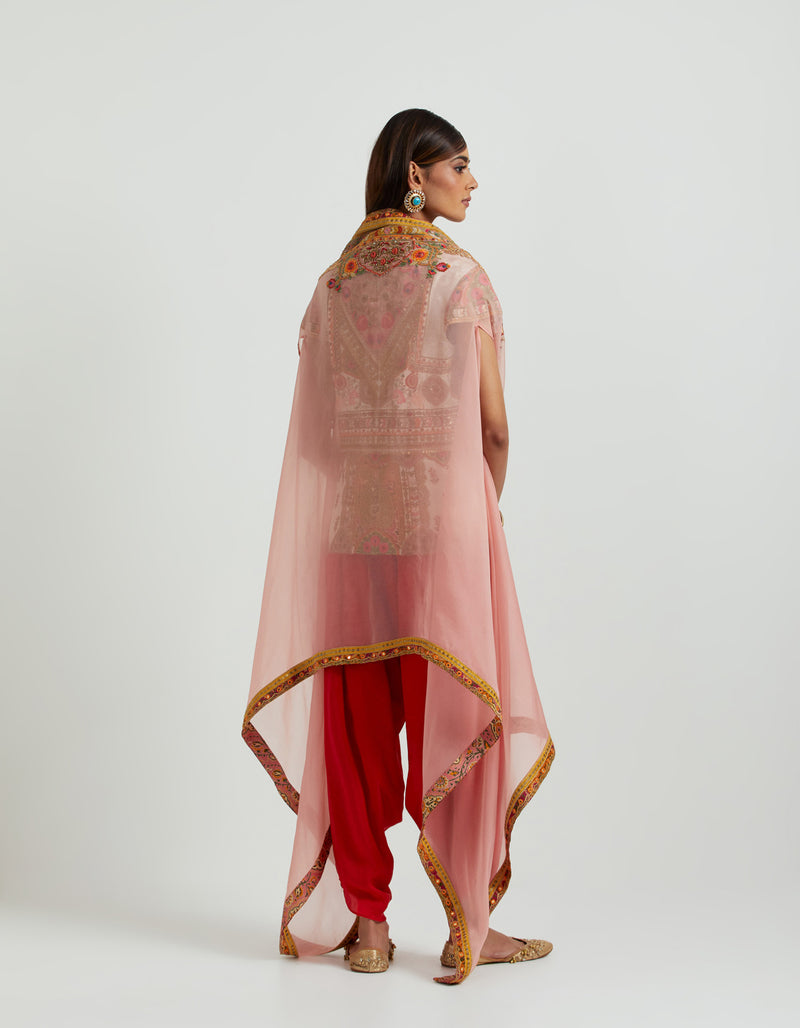 Ivory Jacket with a Red Dhoti and Cape Set