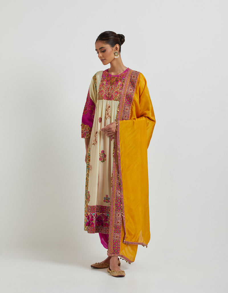 Ghee and Pink Kurta Set with a Mustard Dupatta