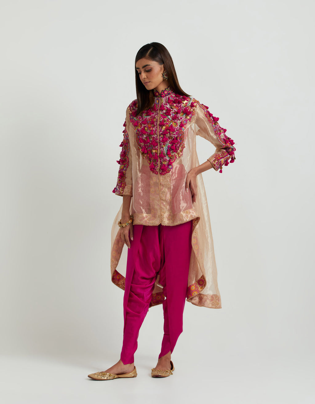 Gold and Magenta Cape and Dhoti Set