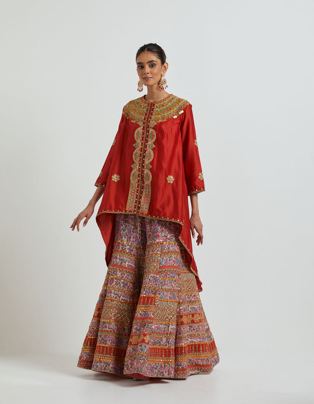 Red High Low Silk Tunic With A Heavy Printed and Embroidered Sharara