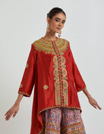 Red High Low Silk Tunic With A Heavy Printed and Embroidered Sharara