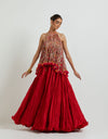 Red Crinkled Skirt With a Hauter Tassled Top