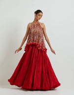 Red Crinkled Skirt With a Hauter Tassled Top