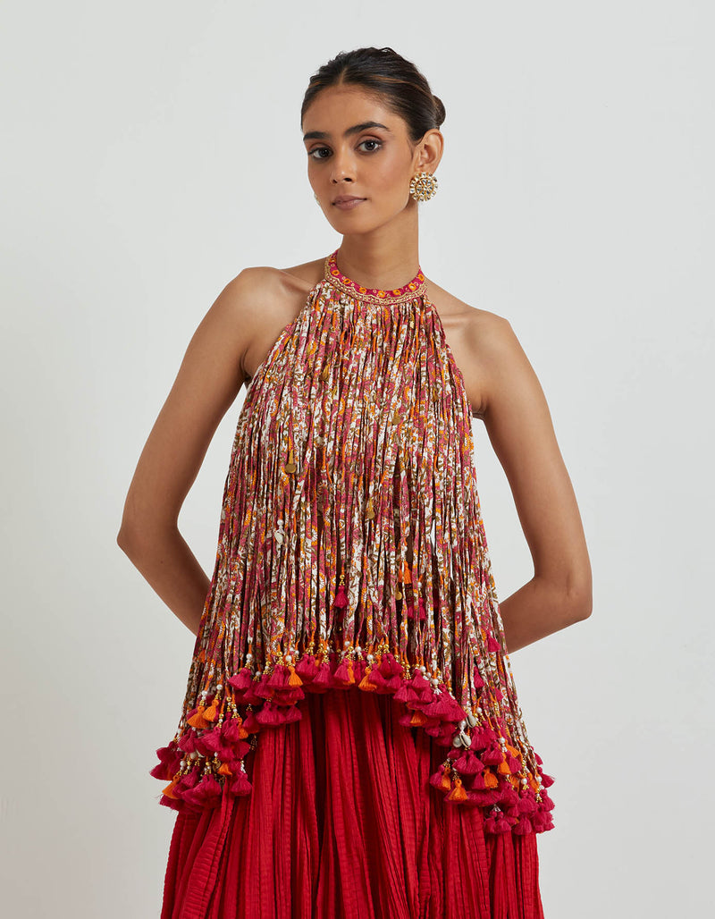 Red Crinkled Skirt With a Hauter Tassled Top