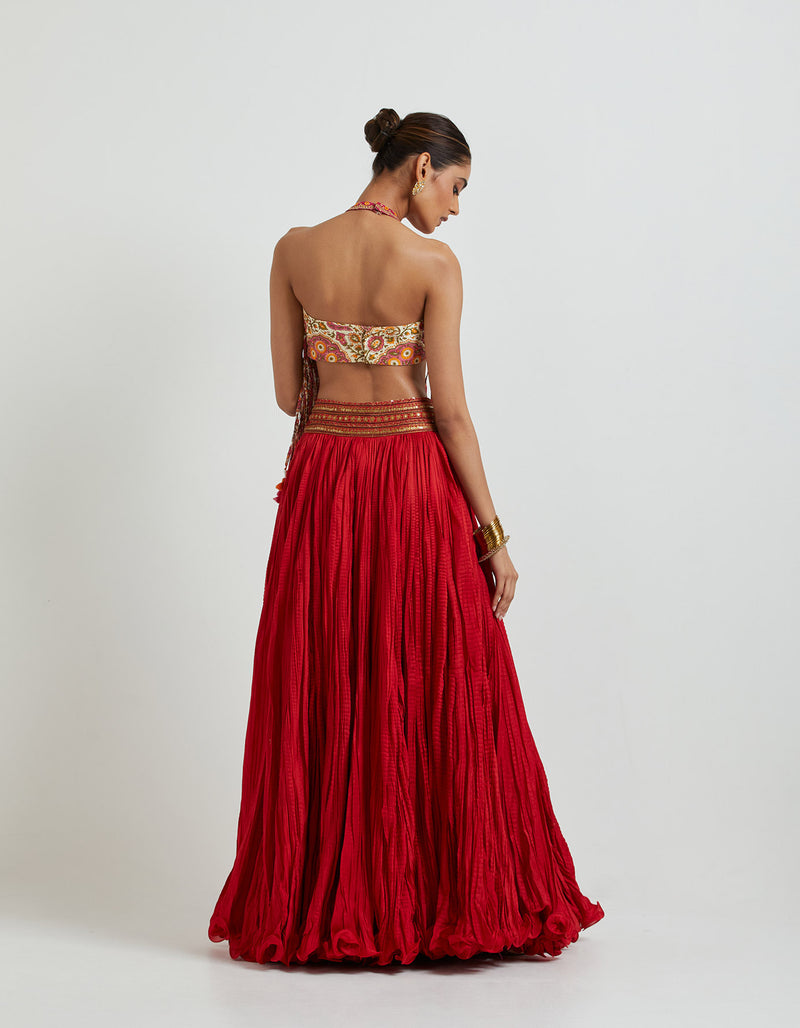 Red Crinkled Skirt With a Hauter Tassled Top