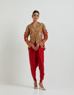 Red Dhoti Set with a Heavy Embroidered on Print Short Jacket Set