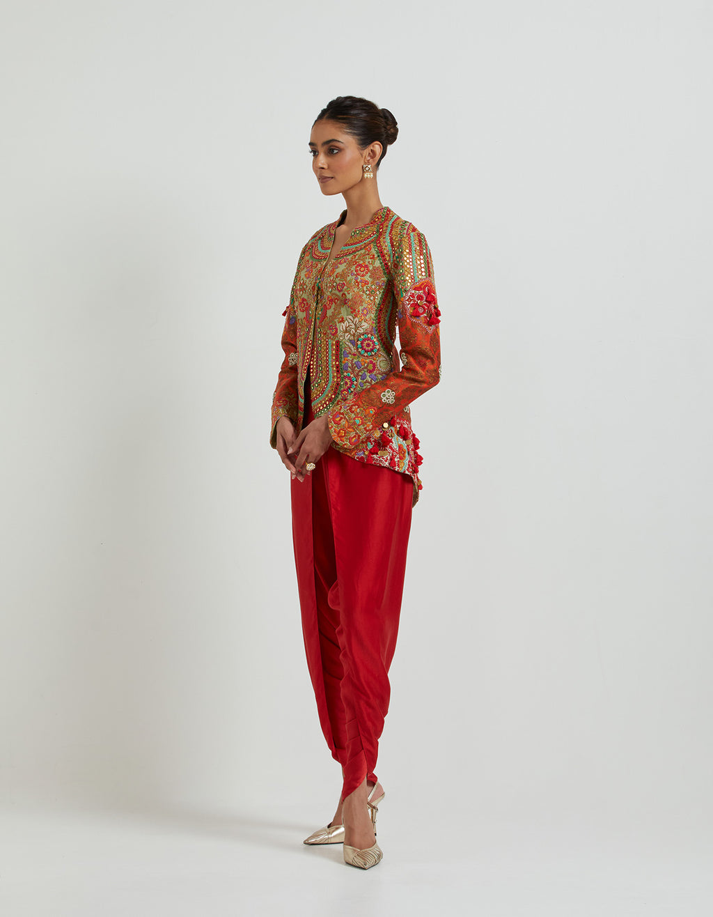 Red Dhoti Set with a Heavy Embroidered on Print Short Jacket Set