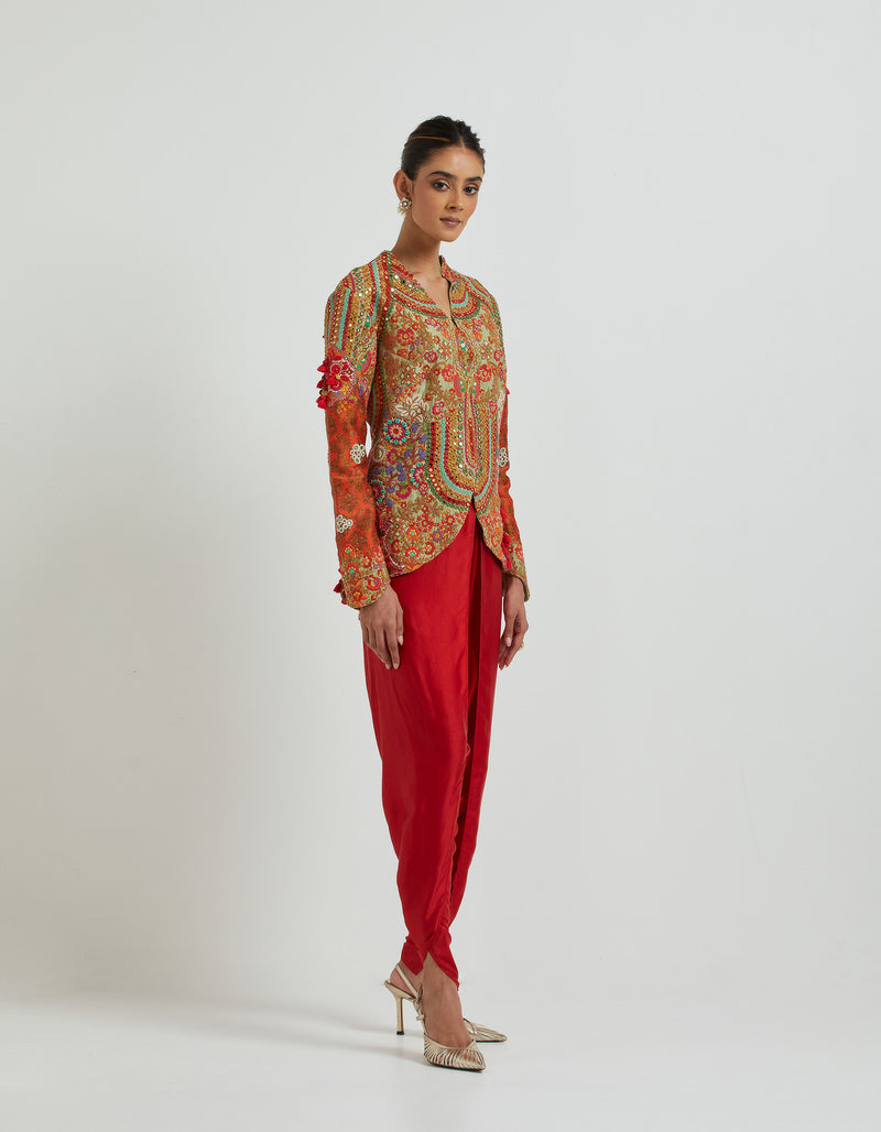 Red Dhoti Set with a Heavy Embroidered on Print Short Jacket Set