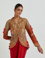 Red Dhoti Set with a Heavy Embroidered on Print Short Jacket Set
