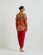 Red Dhoti Set with a Heavy Embroidered on Print Short Jacket Set