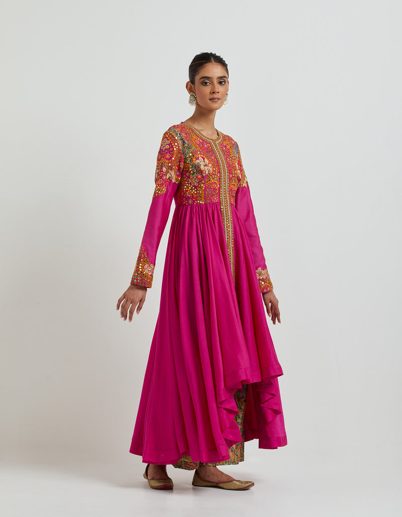 Magenta High Low Kalidar With Printed Pants