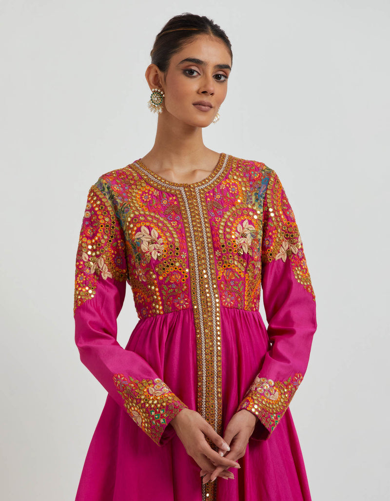 Magenta High Low Kalidar With Printed Pants