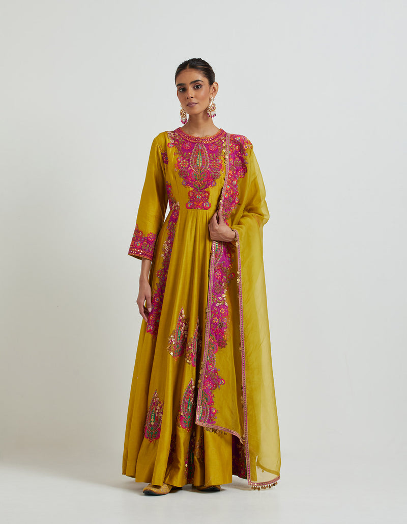 Mustard and Pink Anarkali Set