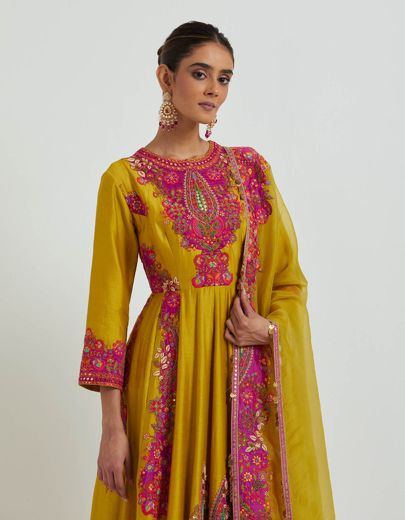 Mustard and Pink Anarkali Set