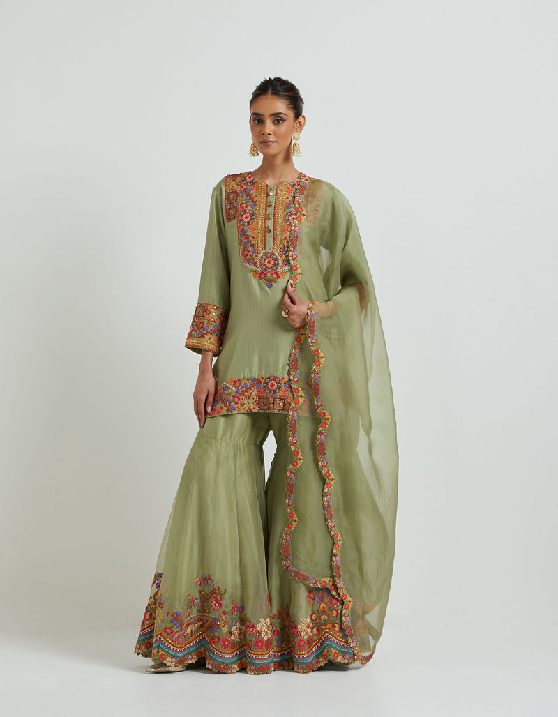 Pista Green Sharara Set with Embroidery