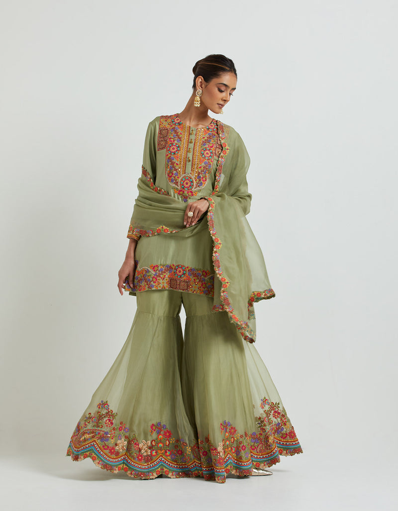 Pista Green Sharara Set with Embroidery