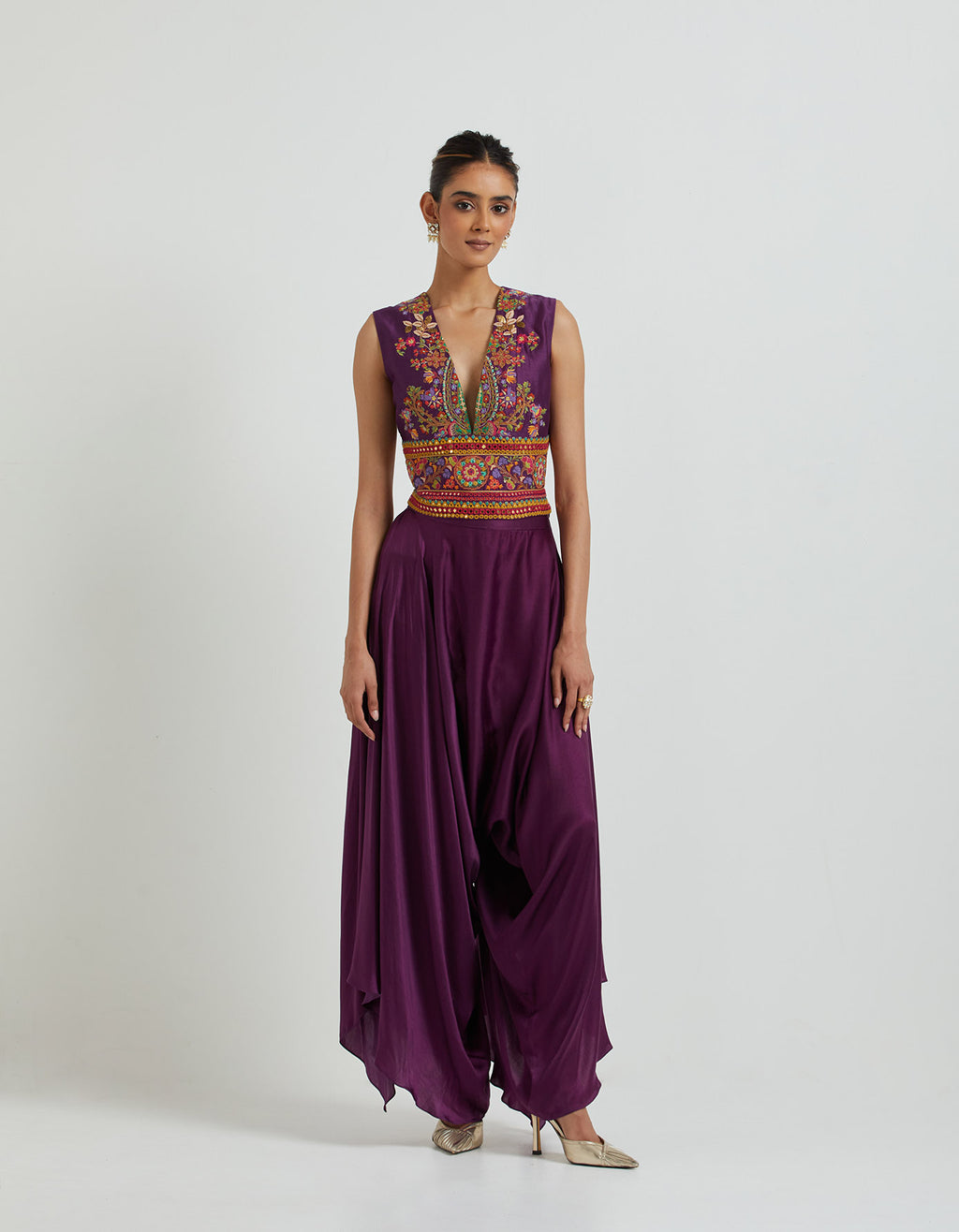 Purple Embroidered Short Jacket, Top and Flared Pants Set