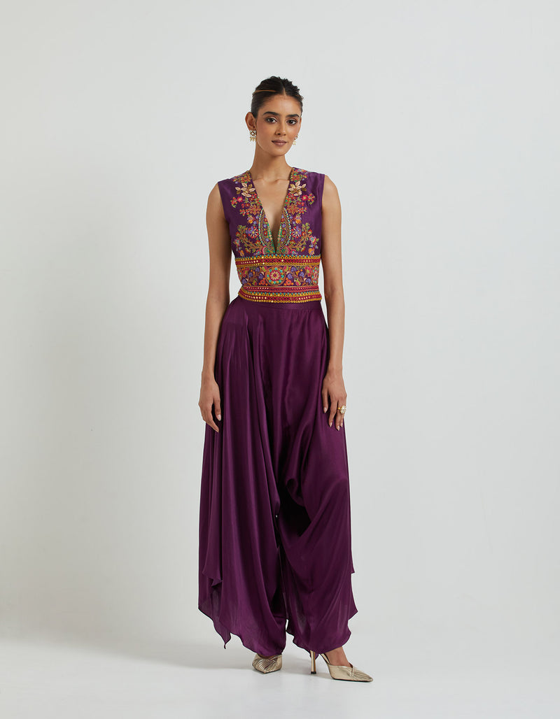 Purple Embroidered Short Jacket, Top and Flared Pants Set