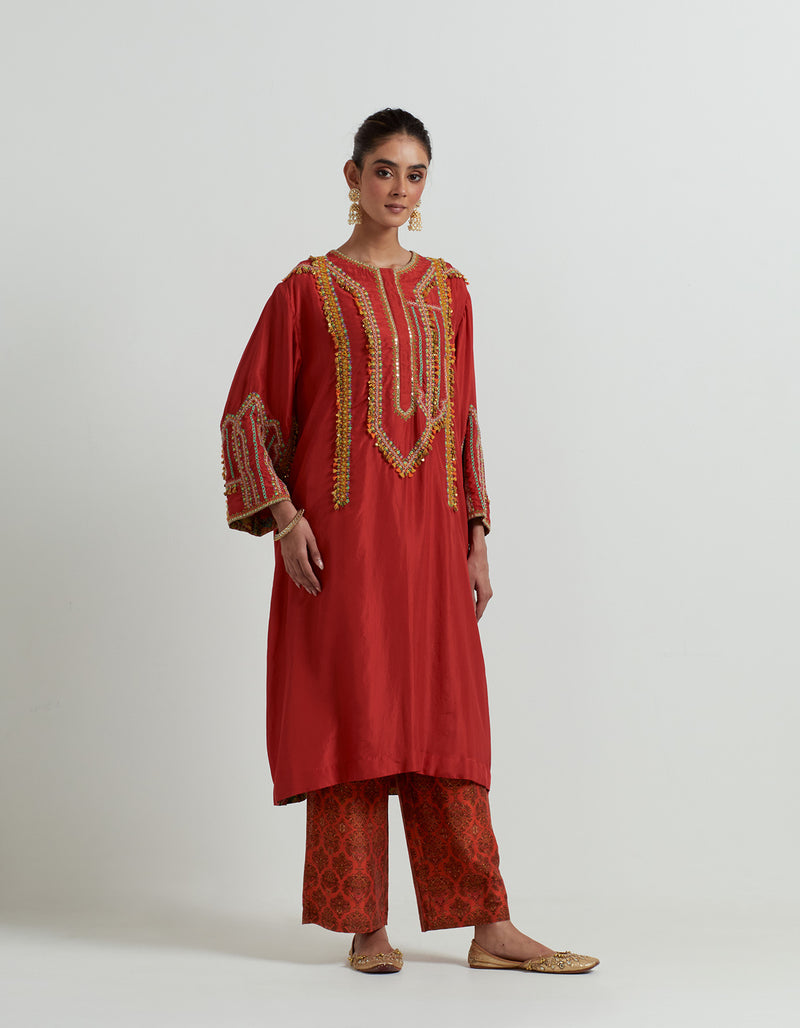 Red Kaftaan Set with Machine and Hand Embroidery
